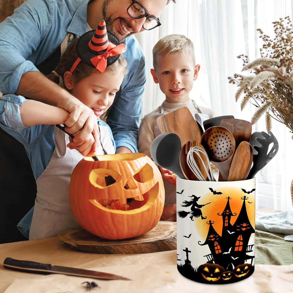 Halloween Kitchen Decor – Ceramic Utensil Holder with Cute Witch Castle Design"