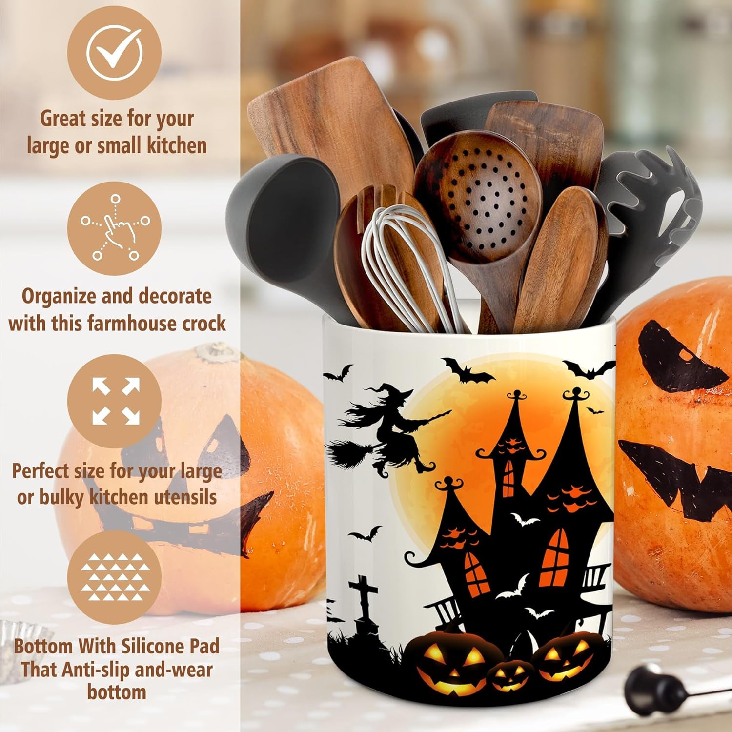 Halloween Kitchen Decor – Ceramic Utensil Holder with Cute Witch Castle Design"