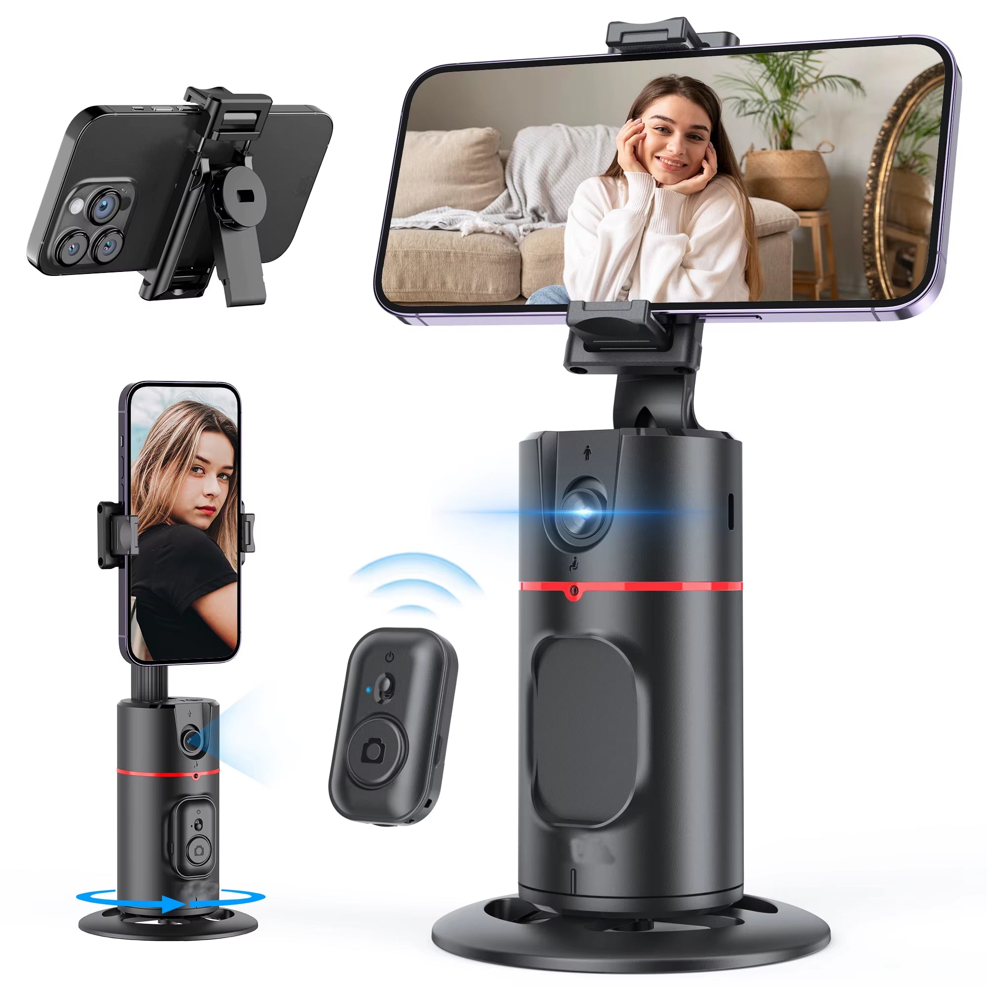 P02 360° AI Tracking Gimbal – Automatic Rotation Shooting Stabilizer with Detachable Phone Clip & Mini Selfie Stick