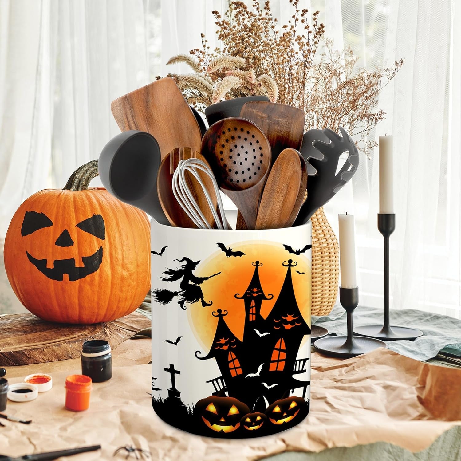 Halloween Kitchen Decor – Ceramic Utensil Holder with Cute Witch Castle Design"