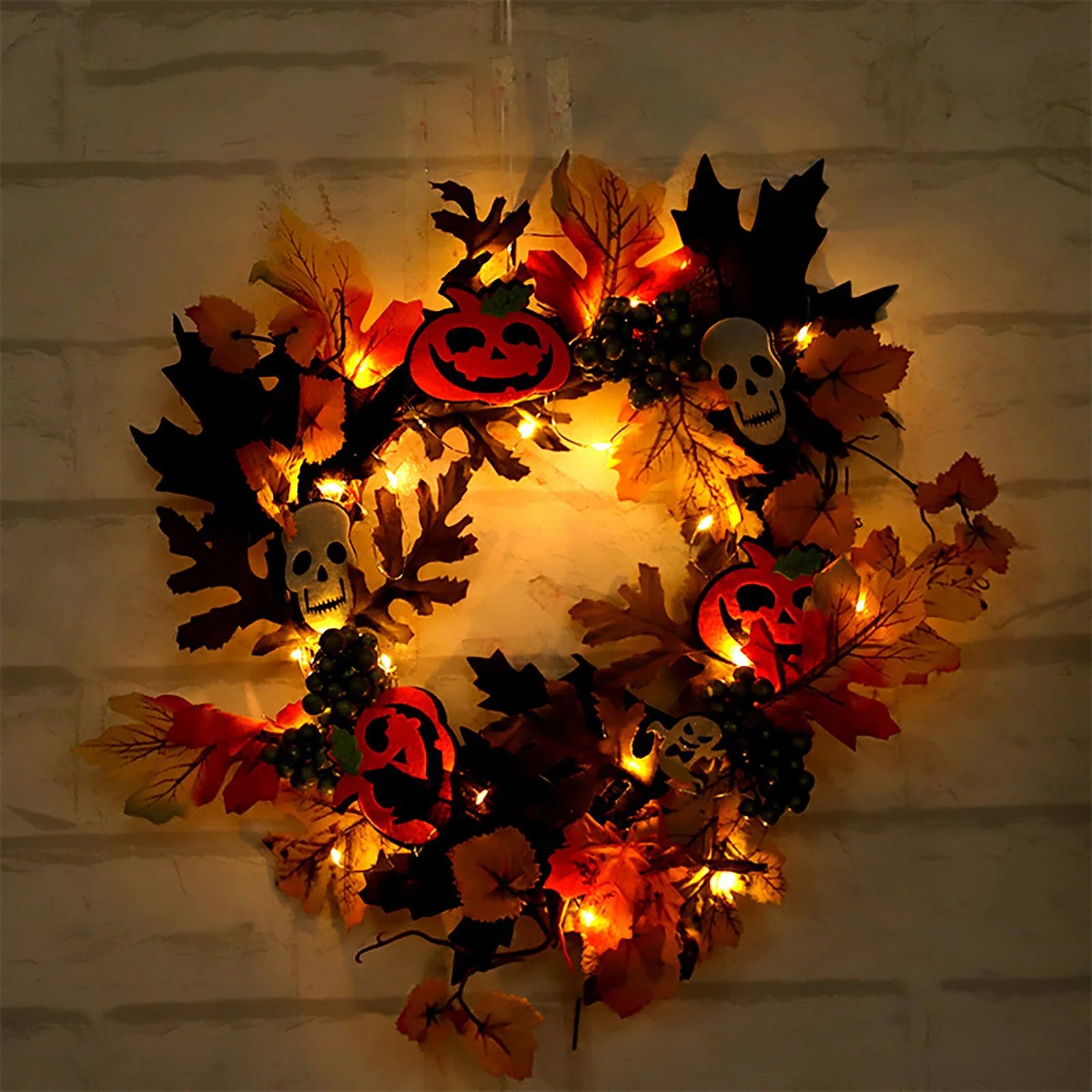 Halloween Glowing Wreath (Batteries Not Included), Halloween Door Scary Wreath Decorations with Skull Pumpkin Maple Fall Garland for Thanksgiving Halloween Door, Wall, Porch Decor
