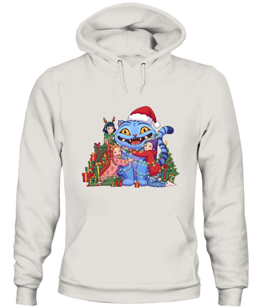 Blue Cat Demon Hunters Christmas Hoodie – Unisex Bella + Canvas 3719 Sweatshirt with Kpop Girls Cartoon & Holiday Tree Design