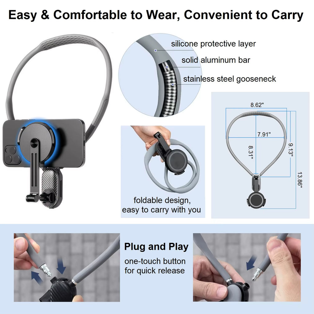 Magnetic Neck Mount Phone Holder – Hands-Free POV Chest Mount for Video Recording, Vlogging & Selfies, Compatible with iPhone & Android