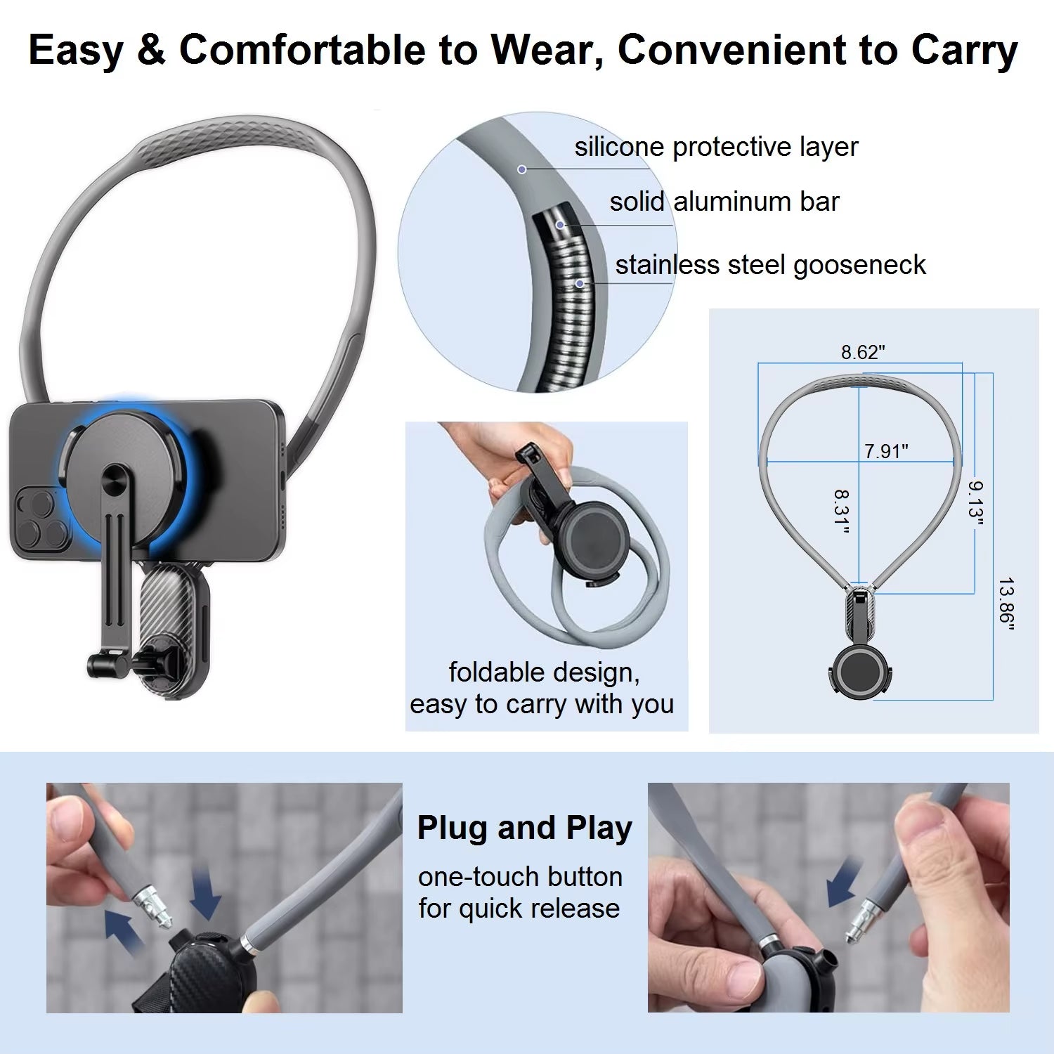 Magnetic Neck Mount Phone Holder – Hands-Free POV Chest Mount for Video Recording, Vlogging & Selfies, Compatible with iPhone & Android
