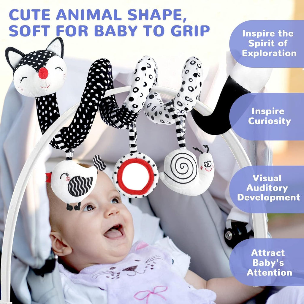 Baby Spiral Plush Toy – Black & White High-Contrast Car Seat and Stroller Toy for Newborns, Sensory Crib Mobile Gift for Babies 0-12 Months, Boys & Girls