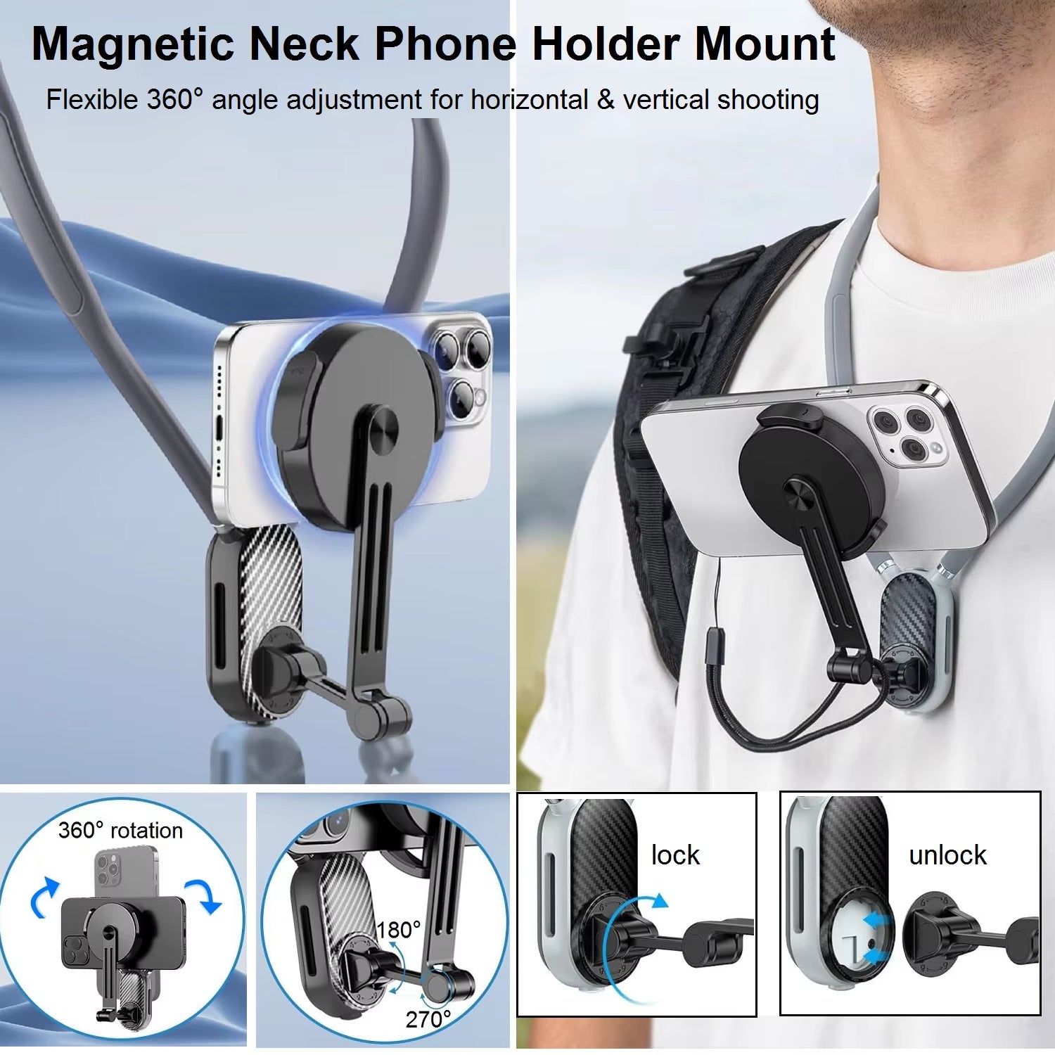 Magnetic Neck Mount Phone Holder – Hands-Free POV Chest Mount for Video Recording, Vlogging & Selfies, Compatible with iPhone & Android