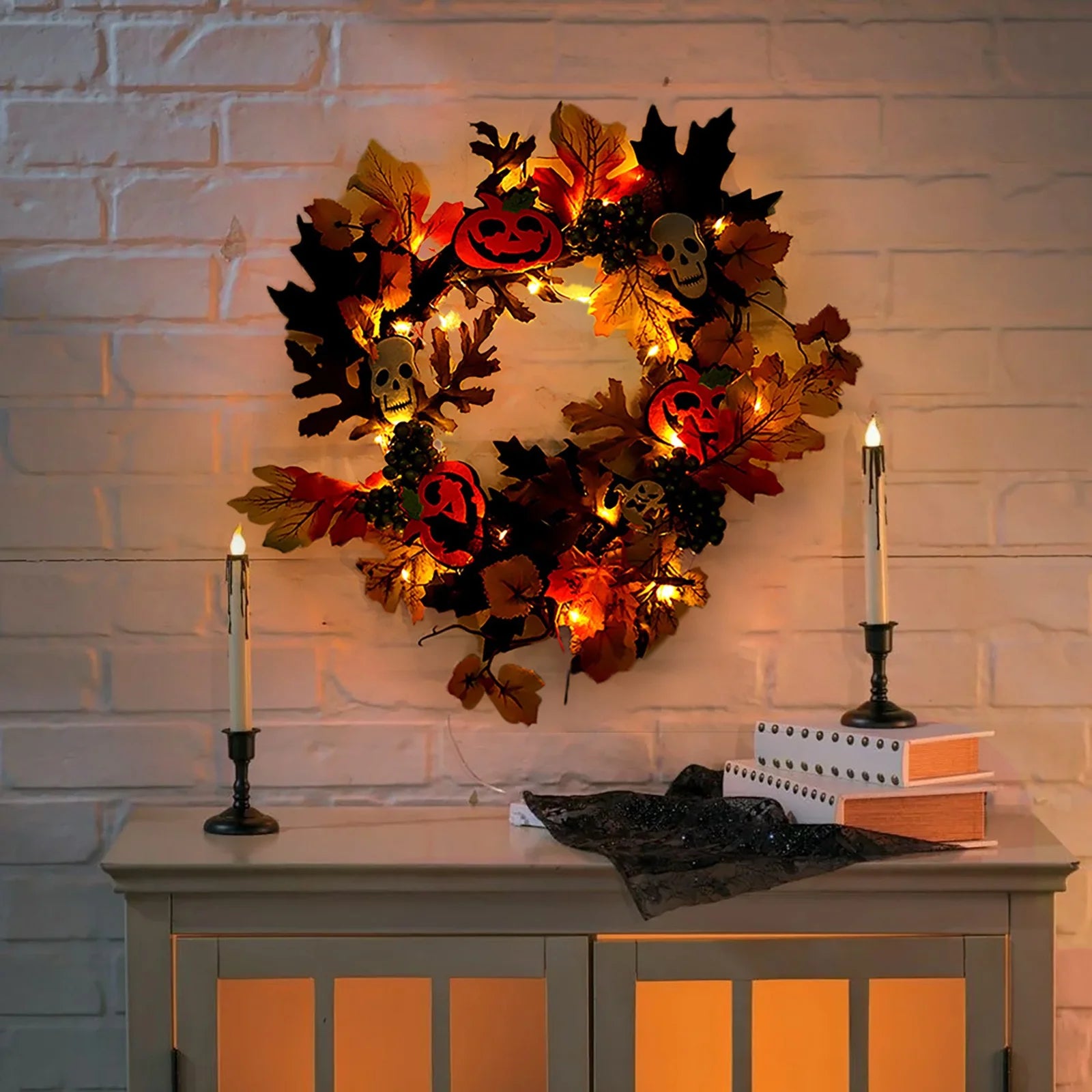 Halloween Glowing Wreath (Batteries Not Included), Halloween Door Scary Wreath Decorations with Skull Pumpkin Maple Fall Garland for Thanksgiving Halloween Door, Wall, Porch Decor