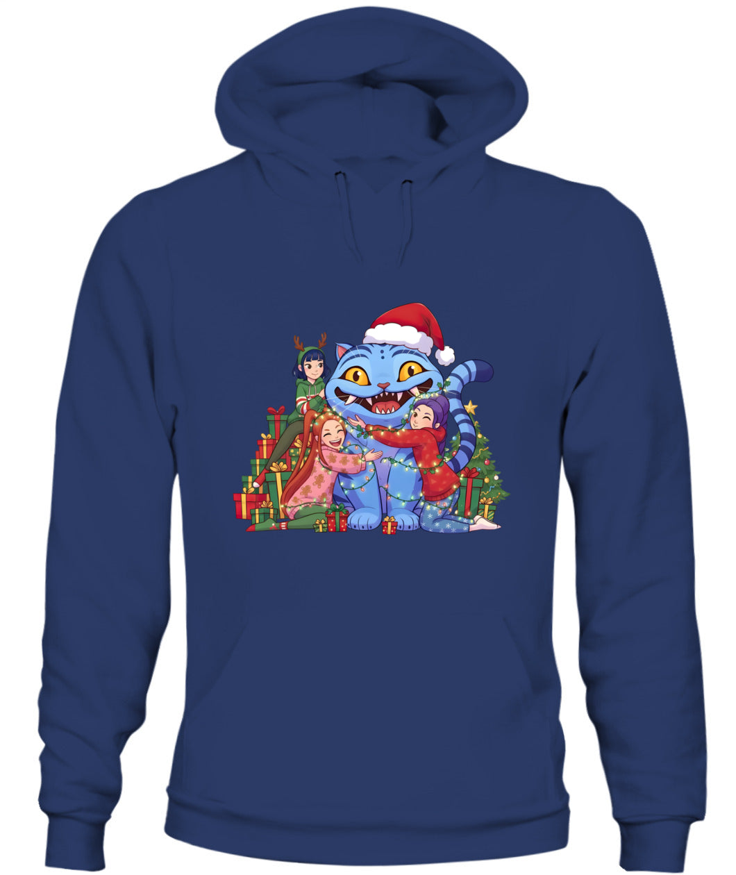 Blue Cat Demon Hunters Christmas Hoodie – Unisex Bella + Canvas 3719 Sweatshirt with Kpop Girls Cartoon & Holiday Tree Design