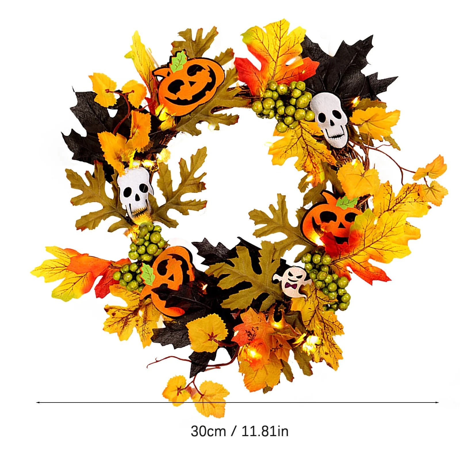 Halloween Glowing Wreath (Batteries Not Included), Halloween Door Scary Wreath Decorations with Skull Pumpkin Maple Fall Garland for Thanksgiving Halloween Door, Wall, Porch Decor