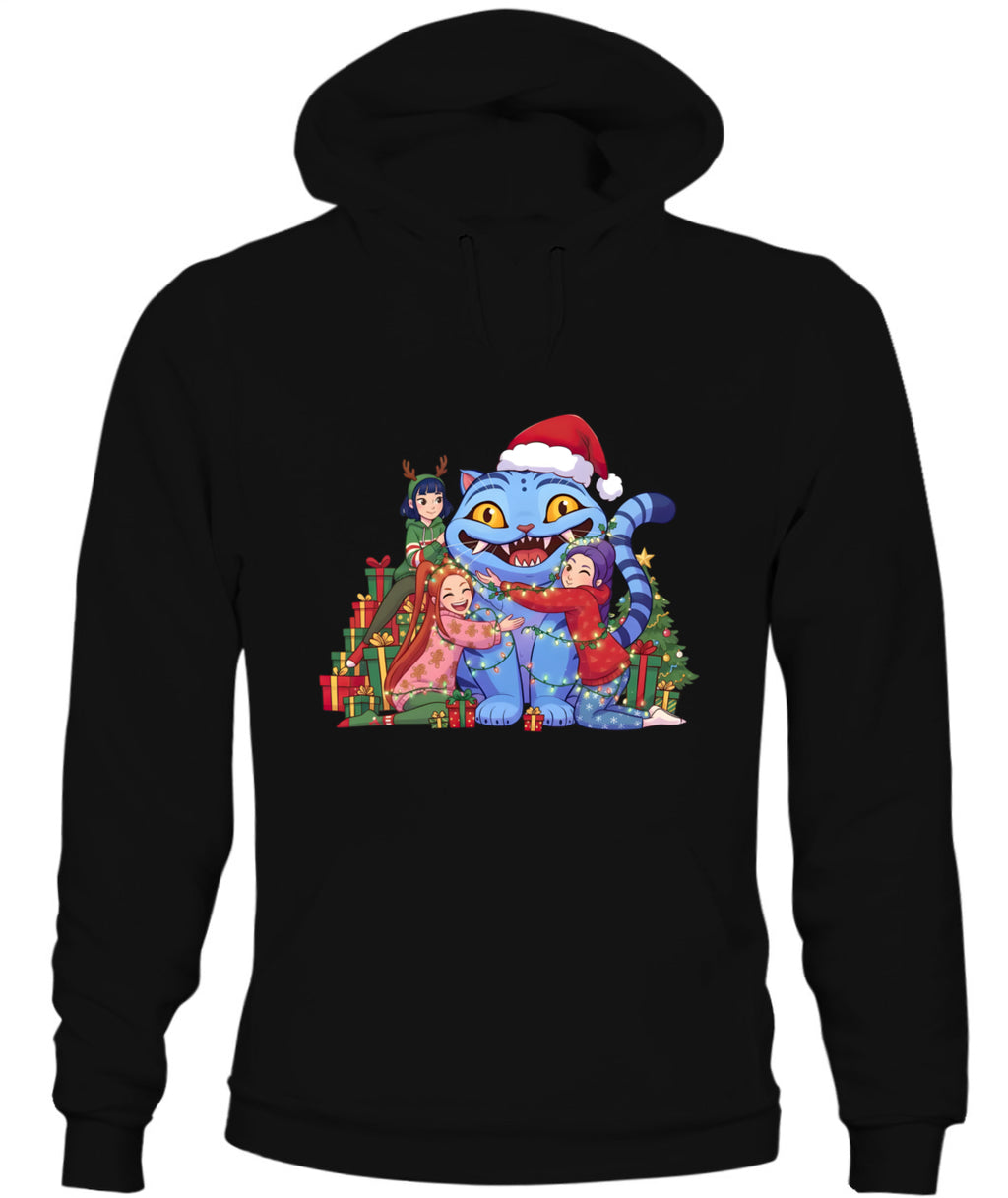 Blue Cat Demon Hunters Christmas Hoodie – Unisex Bella + Canvas 3719 Sweatshirt with Kpop Girls Cartoon & Holiday Tree Design
