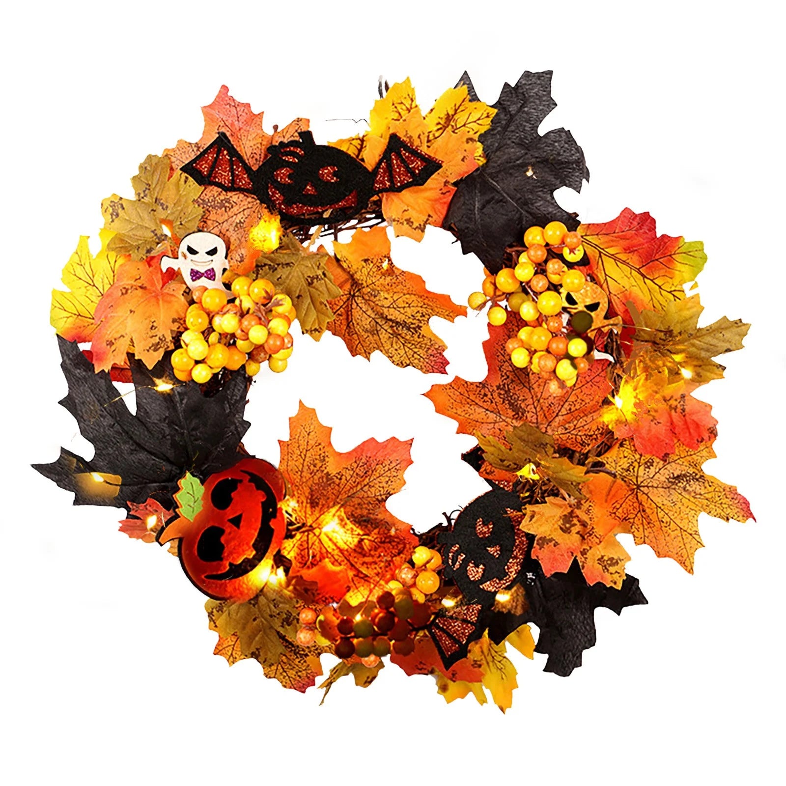 Halloween Glowing Wreath (Batteries Not Included), Halloween Door Scary Wreath Decorations with Skull Pumpkin Maple Fall Garland for Thanksgiving Halloween Door, Wall, Porch Decor