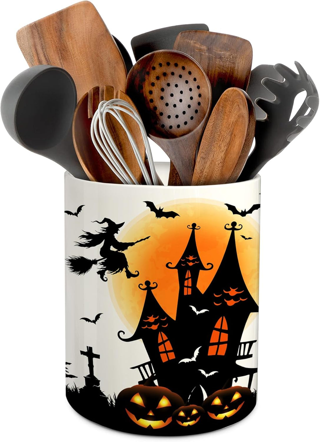 Halloween Kitchen Decor – Ceramic Utensil Holder with Cute Witch Castle Design"