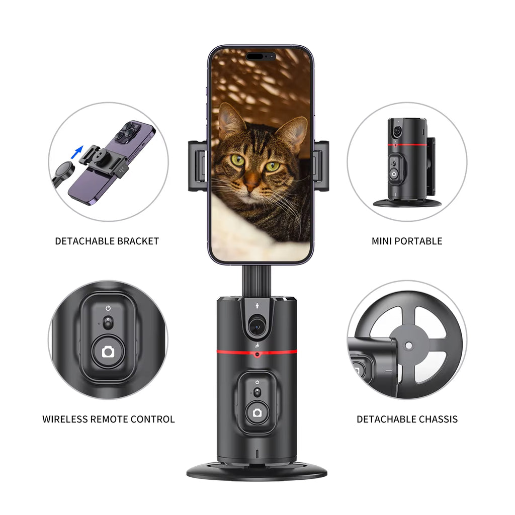 P02 360° AI Tracking Gimbal – Automatic Rotation Shooting Stabilizer with Detachable Phone Clip & Mini Selfie Stick