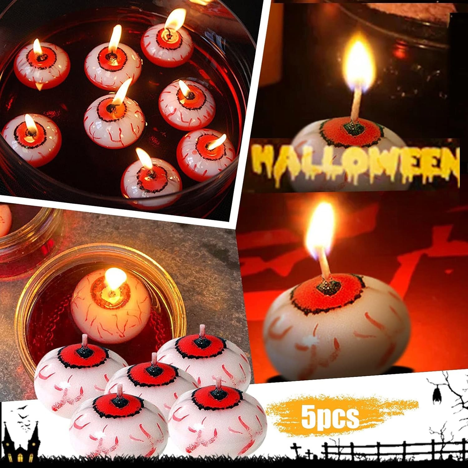Halloween Eyeball Floating Candles, Scary Eye Ball Tealights Candles Realistic Eyeball Floats on Water Table Candles Decor for Centerpieces, Halloween Dinner Party Decoration (5PCS)