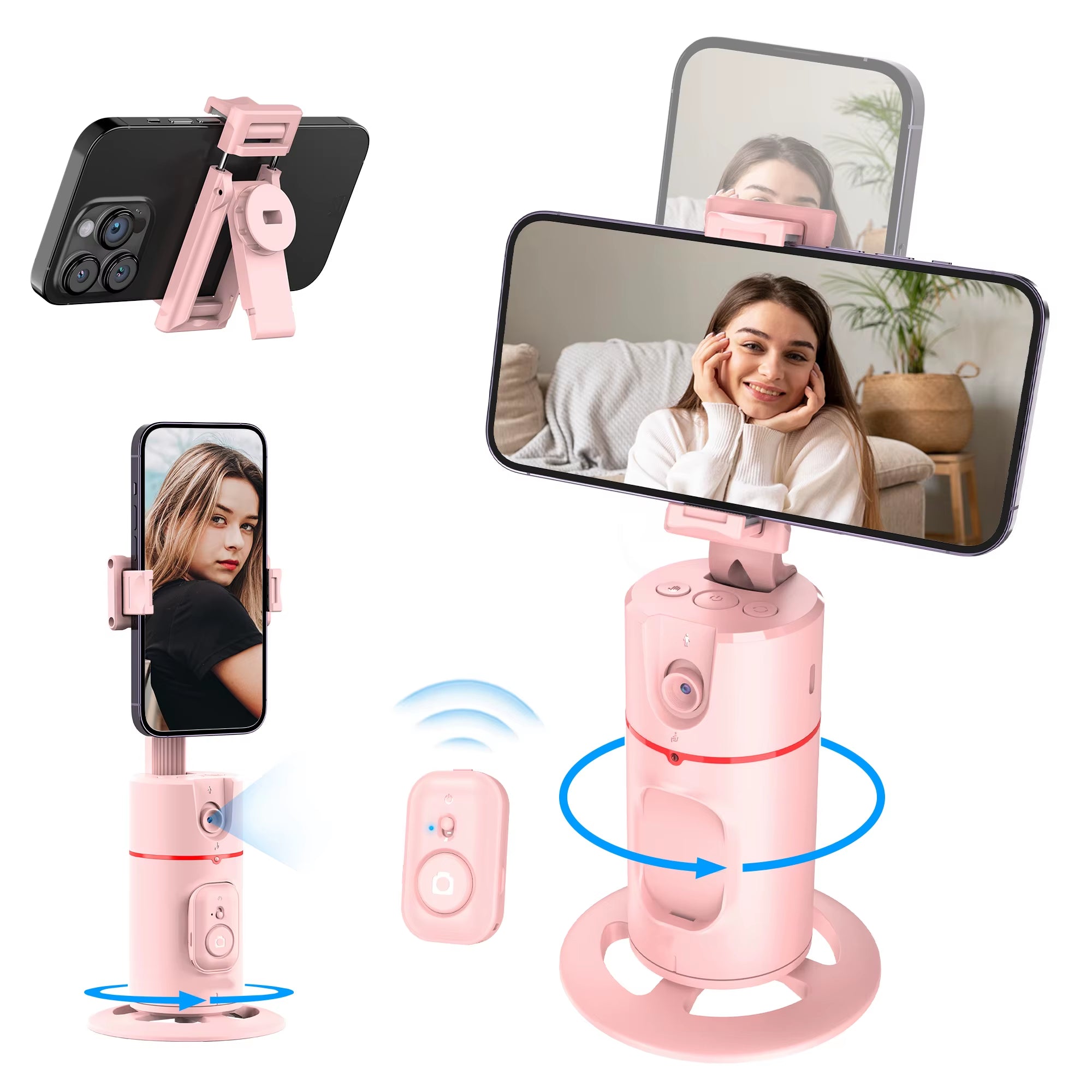 P02 360° AI Tracking Gimbal – Automatic Rotation Shooting Stabilizer with Detachable Phone Clip & Mini Selfie Stick