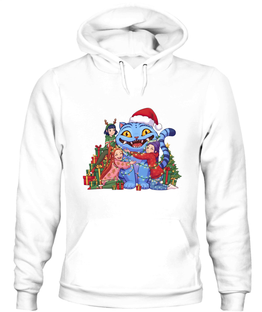 Blue Cat Demon Hunters Christmas Hoodie – Unisex Bella + Canvas 3719 Sweatshirt with Kpop Girls Cartoon & Holiday Tree Design