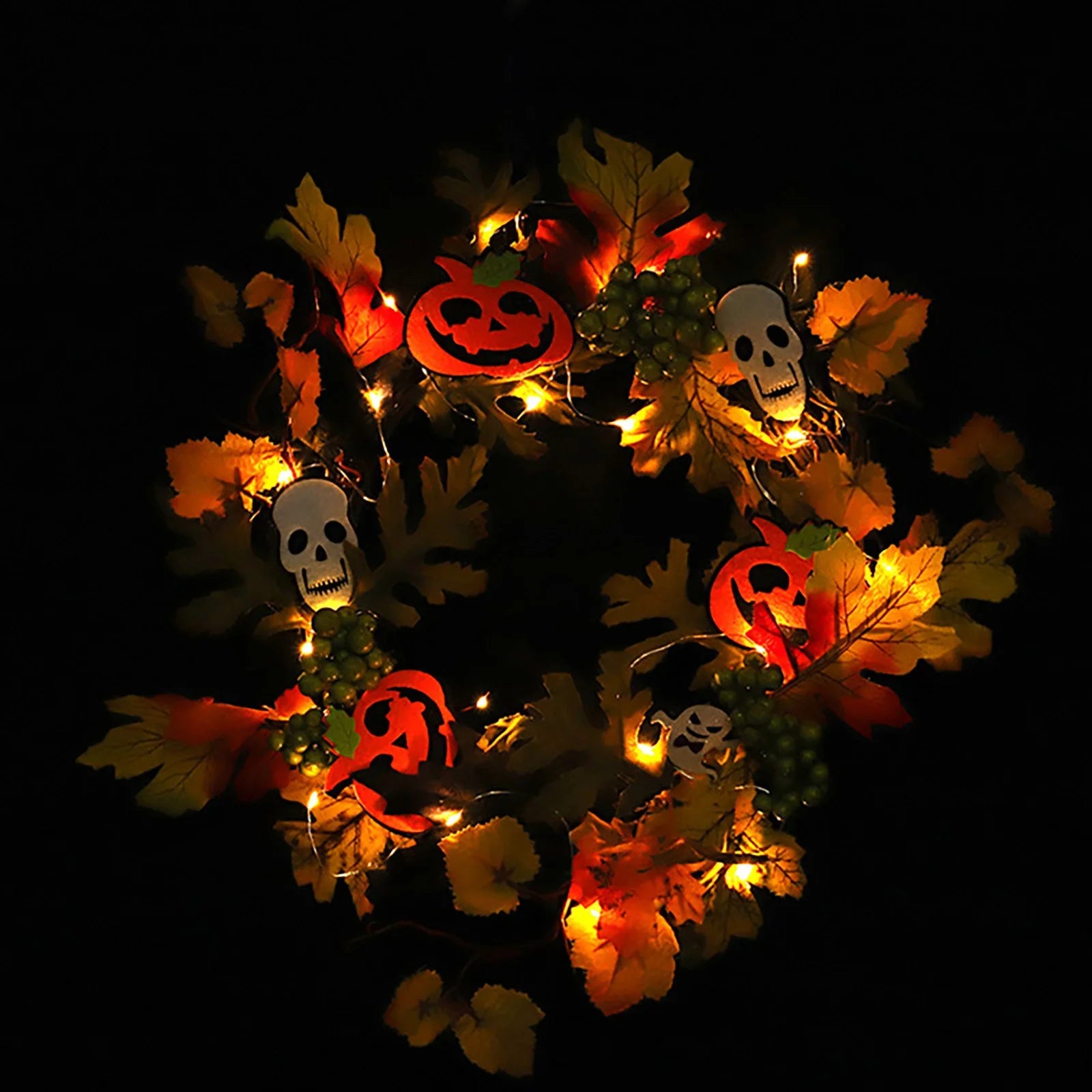 Halloween Glowing Wreath (Batteries Not Included), Halloween Door Scary Wreath Decorations with Skull Pumpkin Maple Fall Garland for Thanksgiving Halloween Door, Wall, Porch Decor