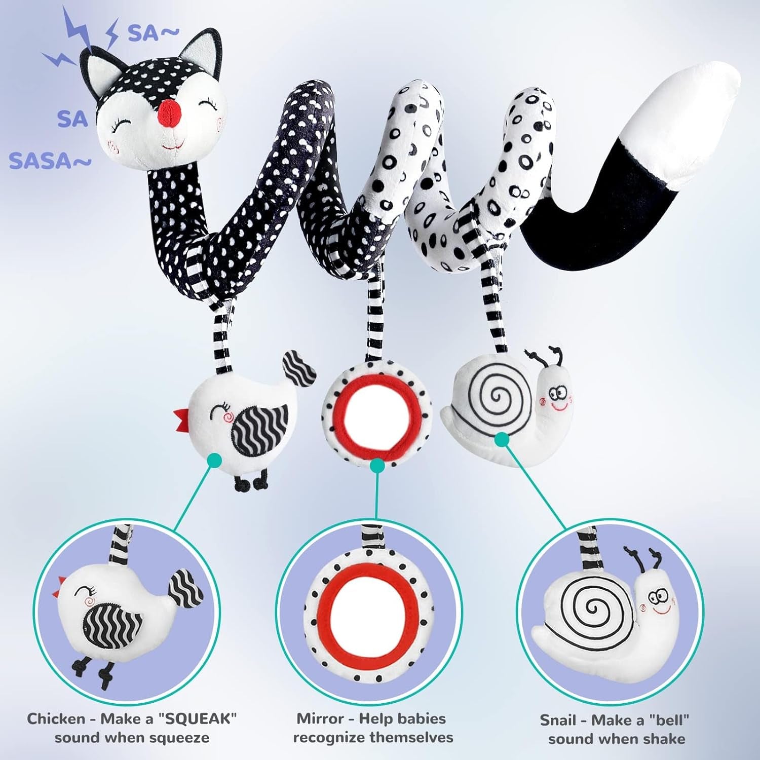 Baby Spiral Plush Toy – Black & White High-Contrast Car Seat and Stroller Toy for Newborns, Sensory Crib Mobile Gift for Babies 0-12 Months, Boys & Girls