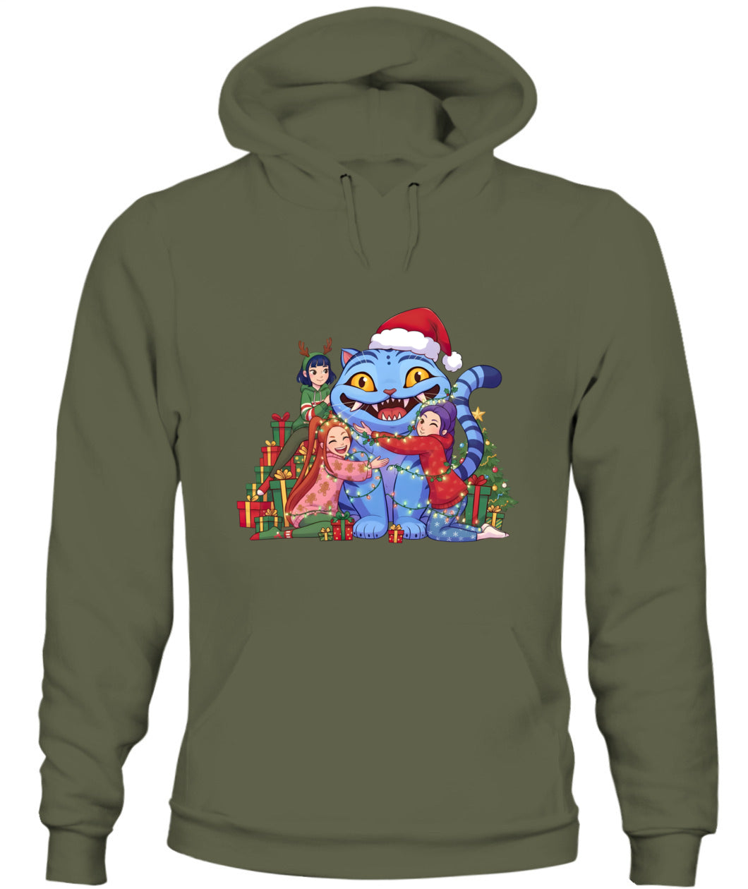Blue Cat Demon Hunters Christmas Hoodie – Unisex Bella + Canvas 3719 Sweatshirt with Kpop Girls Cartoon & Holiday Tree Design