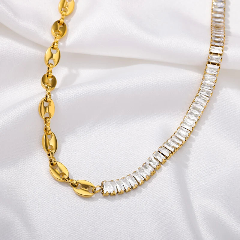 Double Layer Zircon Clavicle Chain Necklace – Thick Stainless Steel Punk Hip-Hop Streetwear Jewelry Gift for Women