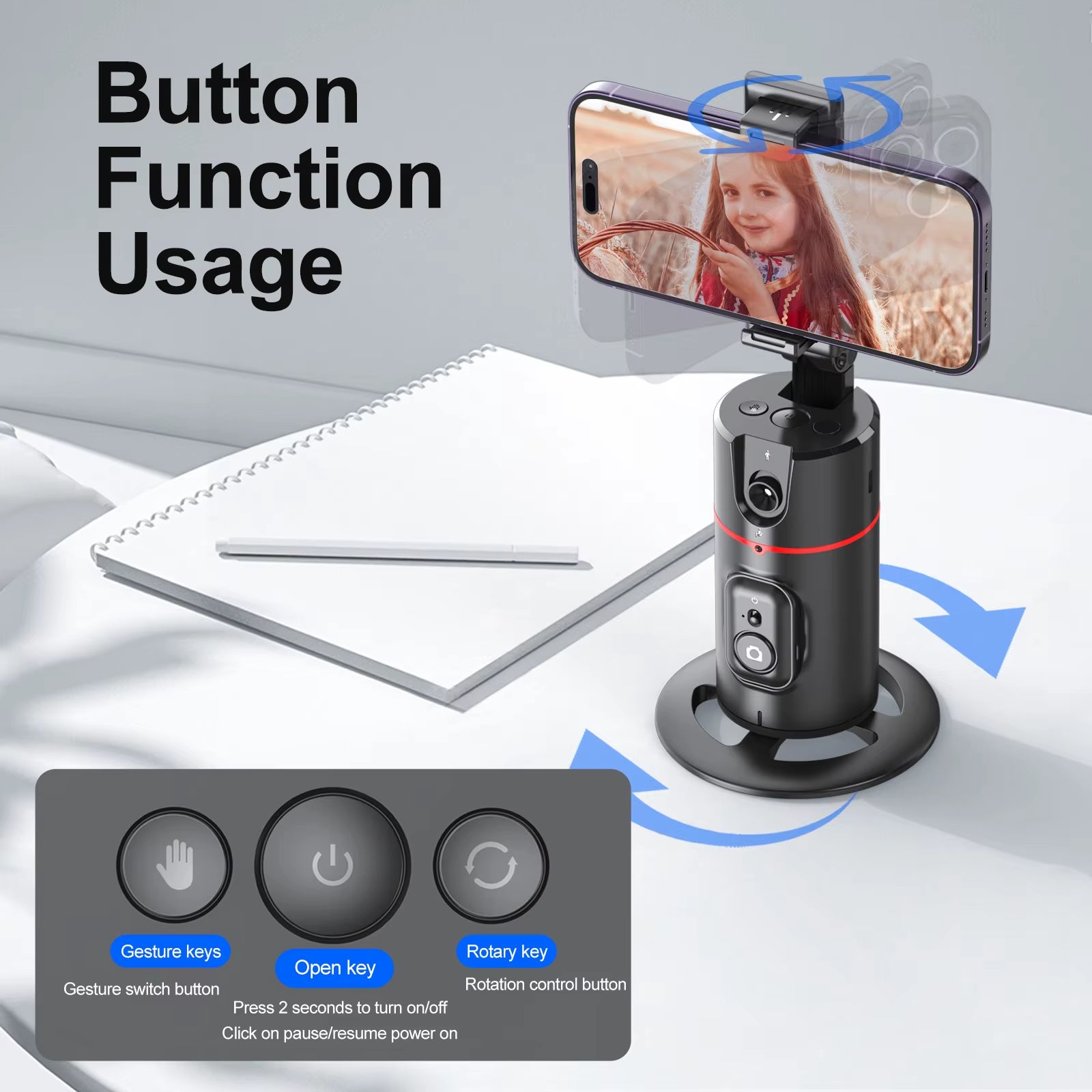 P02 360° AI Tracking Gimbal – Automatic Rotation Shooting Stabilizer with Detachable Phone Clip & Mini Selfie Stick