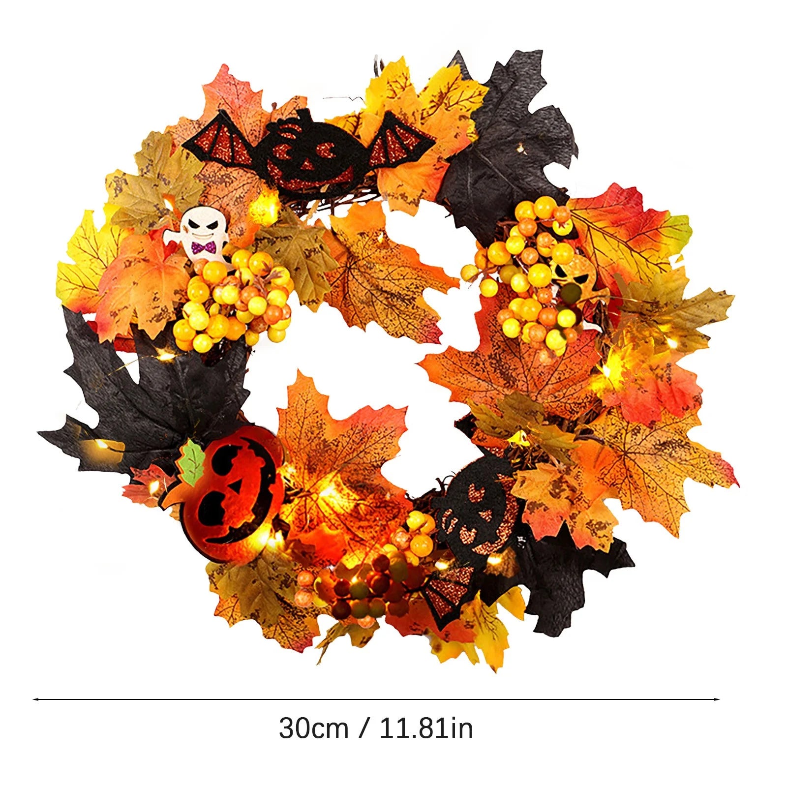 Halloween Glowing Wreath (Batteries Not Included), Halloween Door Scary Wreath Decorations with Skull Pumpkin Maple Fall Garland for Thanksgiving Halloween Door, Wall, Porch Decor
