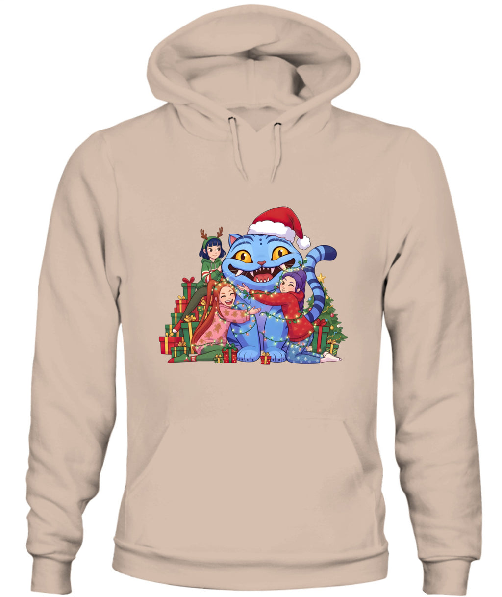 Blue Cat Demon Hunters Christmas Hoodie – Unisex Bella + Canvas 3719 Sweatshirt with Kpop Girls Cartoon & Holiday Tree Design