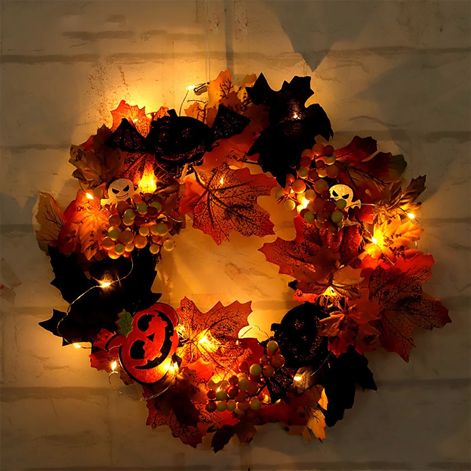 Halloween Glowing Wreath (Batteries Not Included), Halloween Door Scary Wreath Decorations with Skull Pumpkin Maple Fall Garland for Thanksgiving Halloween Door, Wall, Porch Decor