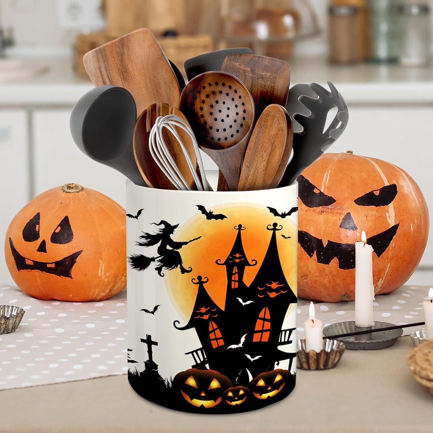 Halloween Kitchen Decor – Ceramic Utensil Holder with Cute Witch Castle Design"
